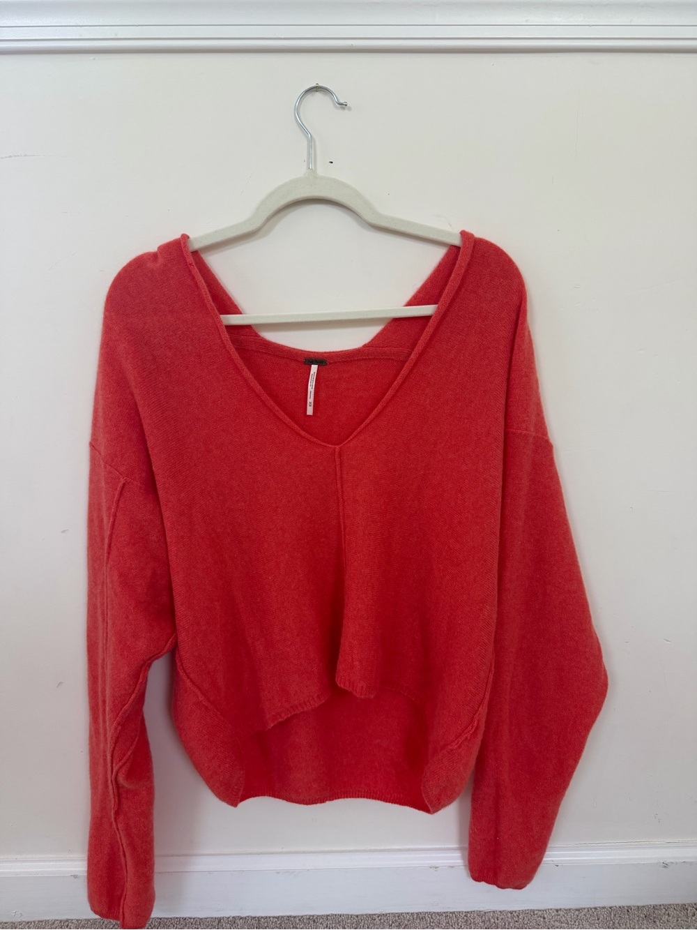 Free People Cashmere Bright Coral Red V-Neck Sweater
